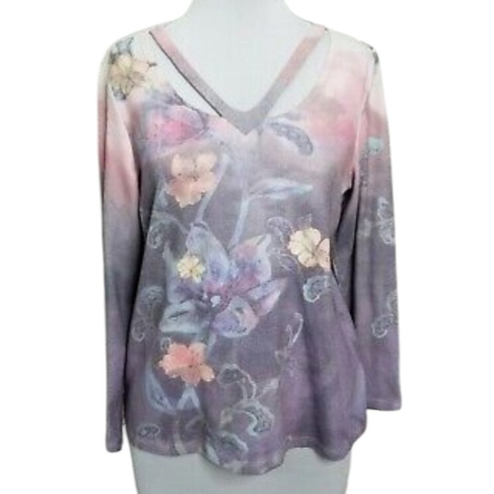 Soft Surroundings Floral Watercolor Strappy VNeck Top Purple Pink L Fairycore